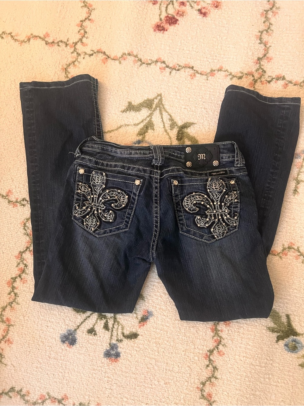 Miss Me Dark Blue Boot Cut Jeans low rise rhinestones